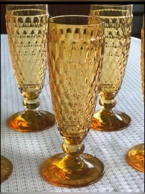Boston Coloured Champagne Flutes,diamond pattern,saffron color,crystal,retro